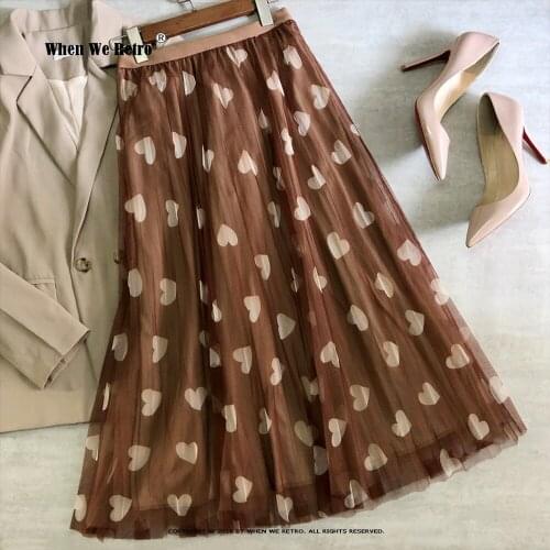 Hearts Printed Long Skirt VD1948 High Waist Black Coffee Apricot Pretty Mesh Skirt Plus Size