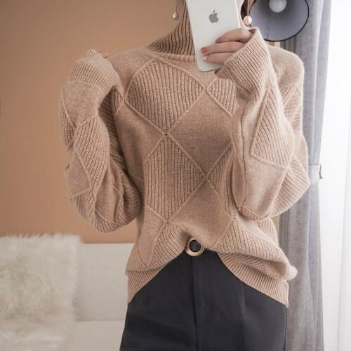 Autumn and Winter 100% Pure wool Sweater Womens High Collar Wool Loose Pullover Lazy Wind Sweater Large Size Warm Thick Sweater