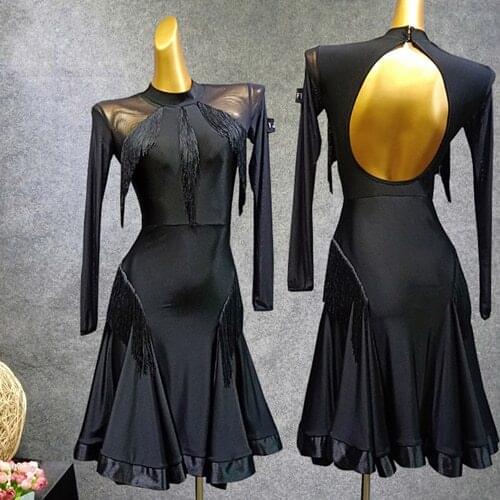 Latin Dance Dress Women Black Long Sleeve Dress Gauze Vestido Flecos Flamengo Rumba/Samba/Tango Dress Black Dance Dresses