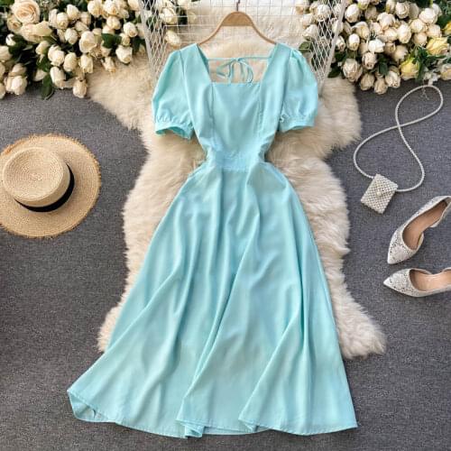 Womens Summer Dress French Retro Solid Color Square Collar Puff Sleeve Dress New Commuter Slim Female Big Swing Dresses HH055