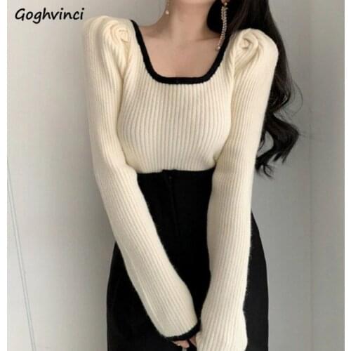 Pullovers Women Knitted Autumn New Puff Sleeve Patchwork Slim Long Sleeve Sweet Korean Style Elegant Lady Basic Sweaters Tops