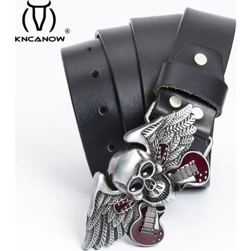 New Mens Belt Leather Skull Guitar Buckle Strap Casual Top Layer Cowhide Male Fashion Classic Retro High Quality Cinturones