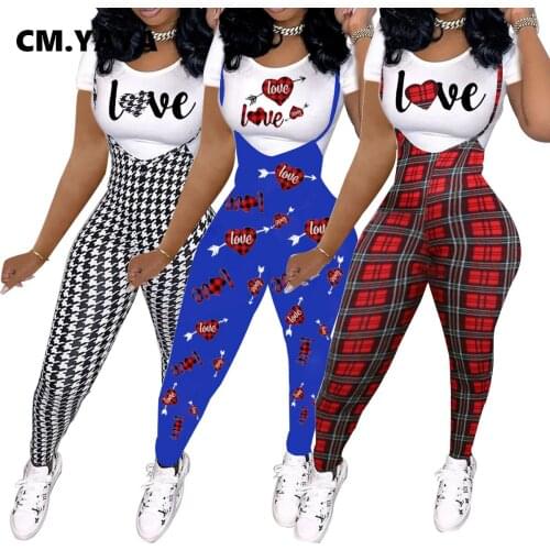 CM.YAYA Summer Print Womn Two Piece Outfit Short Sleeve Pullover Tshirts and Ankle-length Suspender Trousers 2 Piece Set Fashion
