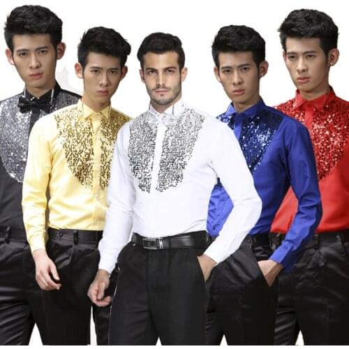 Mens Fashion Latin Dance Top Long-Sleeved Shirts With Sequins Flash Dance Ballroom Latin Dancing Tops Shirt Male Wedding Dress