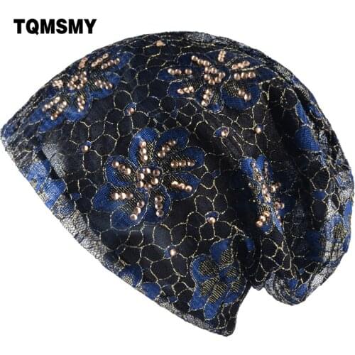 TQMSMY spring and autumn floral beanies Women rhinestone design lace flower hats ladies Cap woman casual beanie gorros cap TMS75