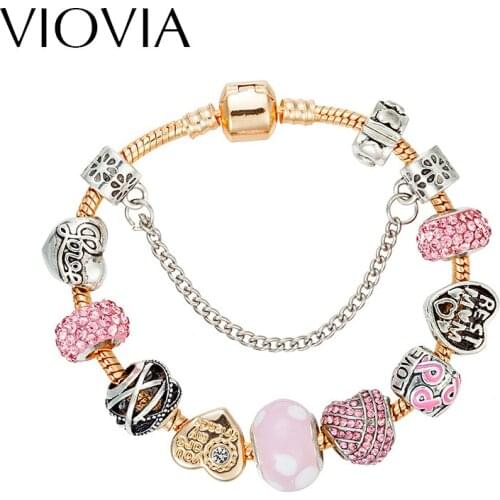 VIOVIA New Heart Charm cute pink Bracelets & Bangles Fine Pink Crystal Beads Bracelets For Women Jewelry Gift B16133