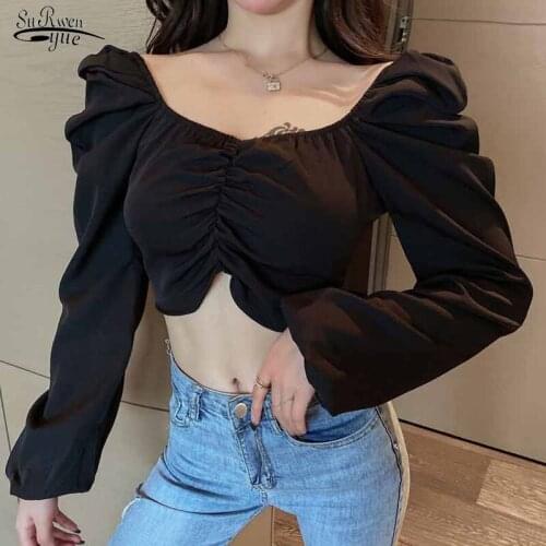 Fashion Pleated Clavicle Spring Sexy Short Tops Sweet Long Puff Sleeve Shirt Solid Slim Blouse Women Blusas Mujer De Moda 12578
