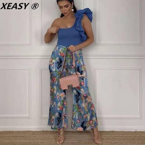 XEASY 2021 Women Fashion Floral Print Loose Flare Pants Vintage High Elastic Waist Zipper Fly Female Ankle-Length Flared Trouser