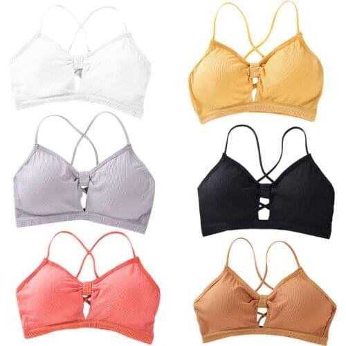 Women Ribbed Knit Bralette Bright Candy Color Cross Strappy Backless Underwear Hollow Knotted Front Push Up Padded Crop Top Vest