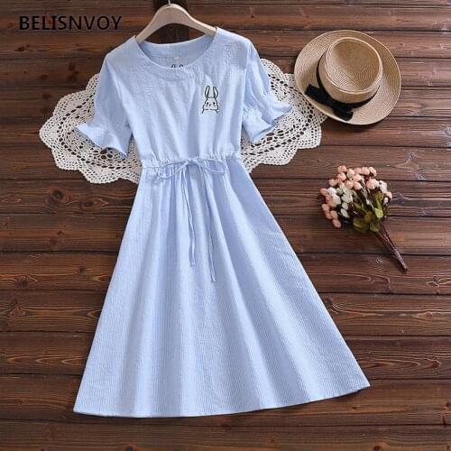 Mori Girl Summer Women Cotton Cute Dress Blue Rabbit Embroidery Elegant Dress Flare Sleeve Striped Vintage Kawaii Preppy Dresses