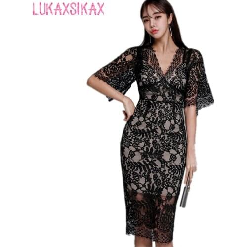 2020 Women Summer Dress Korean Fashion High Quality Hollow Out Lace Dress Sexy V-Neck Cloak Sleeve Elegant Slim Pencil Dress