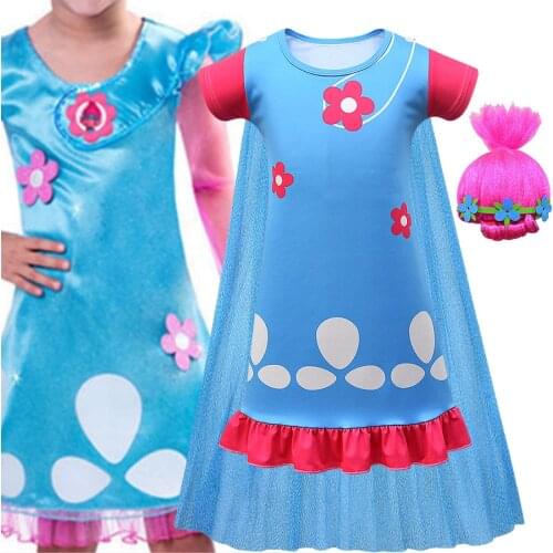 Kids Costumes Girls Dresses Trolls Poppy Costume Dress For Girls Halloween Costumes for Kids Carnaval Fancy Wig cloak Dress