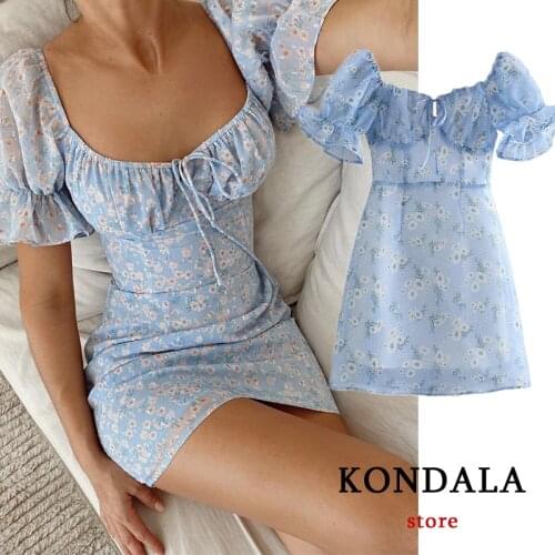 KONDALA Women Chic Floral Chiffon Mini Dress Za 2021 Vintage Short Sleeve Ruffles Straight Holiday Dress Elegant Mujer Vestidos