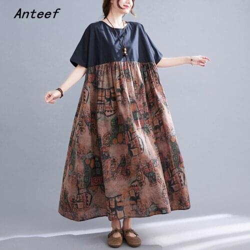 Short sleeve cotton vintage floral dresses for women casual loose long woman summer dress elegant clothes 2021
