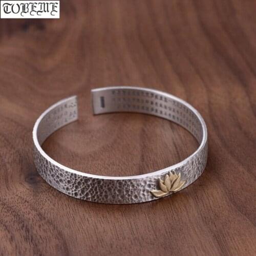 100% 990 Silver Tibetan Lotus Bangle Buddhist Heart Sutra Cuff Bracelet Real Silver Good Luck Bangle