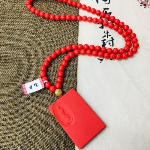 Zheru natural cinnabar carved red station Guanyin pendant with multi-color bead necklace exquisite men and women sweater chain