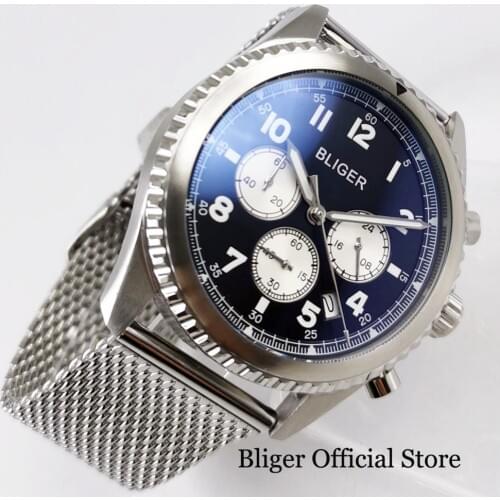 BLIGER Brand Black Dial 45mm Quartz Watch Chronograph Date Function Rotating Bezel 24 Hours Mental Strap