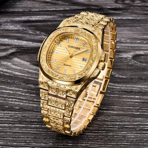 Mens Watches Top Luxury Brand Fashion Business Creative Carved Gold Watch Men Date Quartz Wristwatches Gifts Relogios Masculino