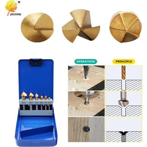 JIGONG Round handle 6pcs/Set HSS Hard Metals Titanium Three Edge Chamfer Chamfering Cutter Countersink Drill Bit in Tin box