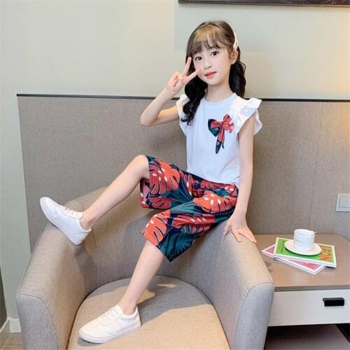 2021 Summer Girls Casual Clothing Sets Children Sleeveless Tops+Wide-leg Pants Outfits 2Pcs Kids Outfits 8 10 12 Year