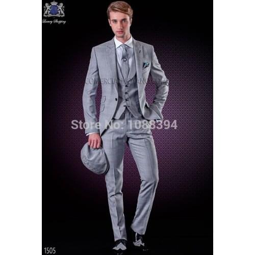 Cheap Men Suit Business Custom Made Light Grey Formal Dress Men Wedding Suits Groom Tuxedos For Men Blazer(Jacket+Pant+Vest+Tie)