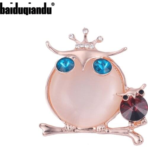 Baiduqiandu brand new arrival blue crystal eyes and opal crystal fat owl with crown rose gold color plated brooches for women