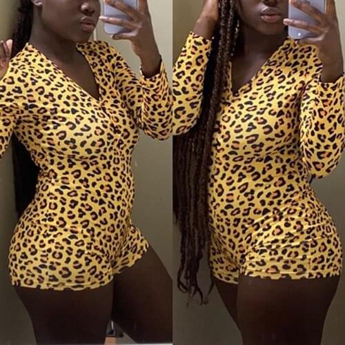OMSJ New Style V-neck Yellow Leopard Print Jumpsuit Onesie Long Sleeve Sexy Casual Lady Skinny Bodysuit Rompers Shorts Homewears