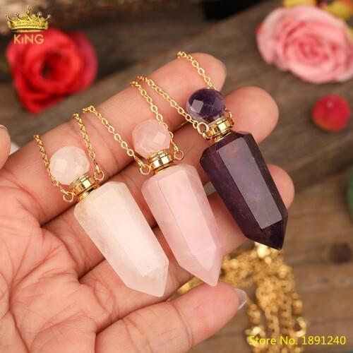 Faceted Roses Ametysts Quartz Point Pendant Necklace For Women White Jades Perfume Bottle Essential Oil Vials Jewelry Findings