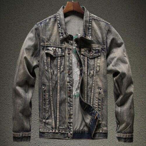 Washed Distressed Gray Denim Jacket Autumn Mens Back Embroidered Slim Fit Jacket Classic Long-sleeved Lapel Denim Top