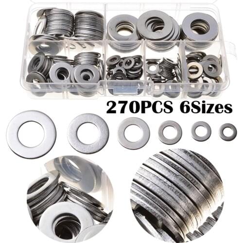 6 Sizes Stainless Steel Durable Washers 270pcs Solid Crush Seal Flat Gaskets Flat Machine Washer Spring Washers Ring Kit