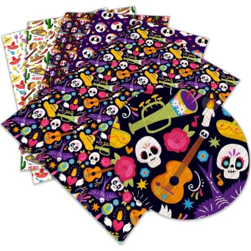 Mexico keleton Pattern Faux Leather Fabric Printing30 cm x 136 cm for DIY Handbags Materials L02