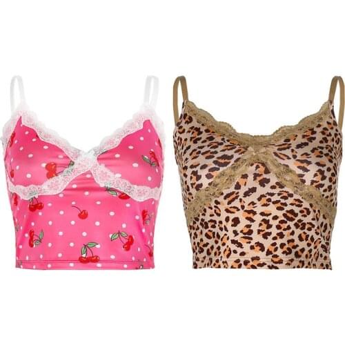 Women Spaghetti Strap V-Neck Crop Top Floral Lace Patchwork Sexy Backless Camisole Leopard Cherry Printed Bow Slim Vest
