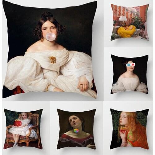 Funny Retro Oil Painting Linen Cushion Cover Beauty Pattern Pillowcase Living Room Decoration Throw Pillow Covers