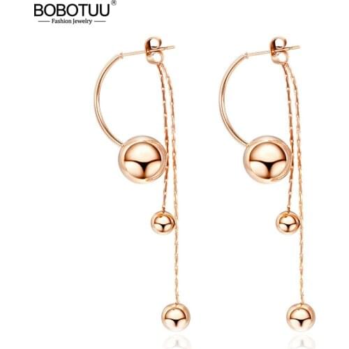 BOBOTUU Creative Stainless Steel Smooth Long Bead Tassel Earrings Jewelry Rose Gold Chain Link Dangle Earrings For Women BE17098