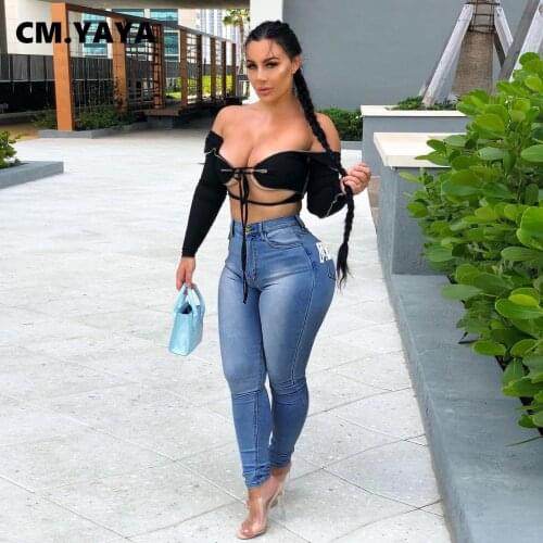 CM.YAYA Women Jeans Solid Back Tassel Mid Waist Zipper Pocekts Long Pencil Denim Pants Sexy Fashion Casual Trouser Summer 2021