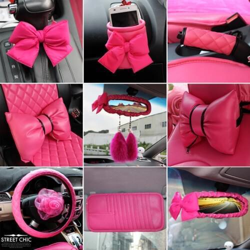 Women Car Interior Accessories Pink Roseo Red Steering Wheel Cover Neck Rest Pillow Seatbelt Cover Shifter Hand Brake Sets
