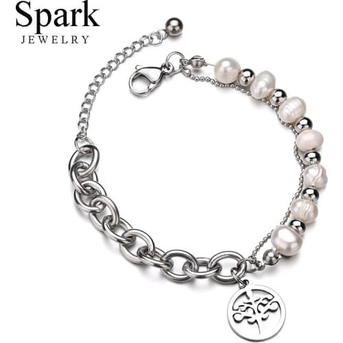 Spark Stainless Steel Tree Of Life Charm Bracelet Imitation Pearl Beads Bracelets With Link Chain Birthday Gift For Women Girls