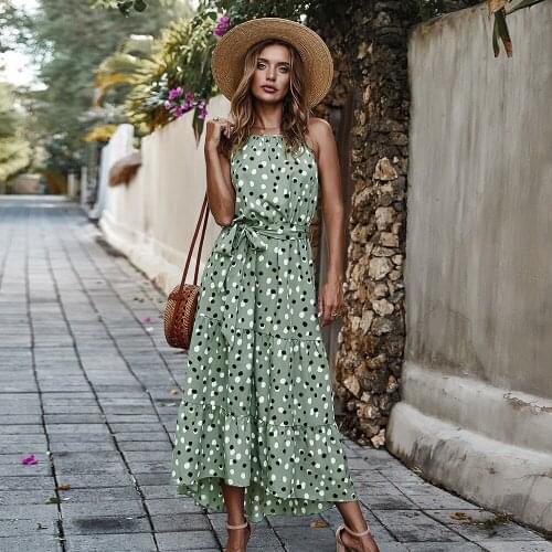 Summer Women Polka Dot Dresses Sexy Round Neck Sleeveless Backless Slimming Robe High Waist Lace-up Beach Maxi Dresses 5 Colors