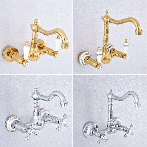 Golden，Silver，Black Brass Bathroom Basin Swivel Spout Faucet Wall Mounted Dual Handles Vessel Sink Mixer Taps
