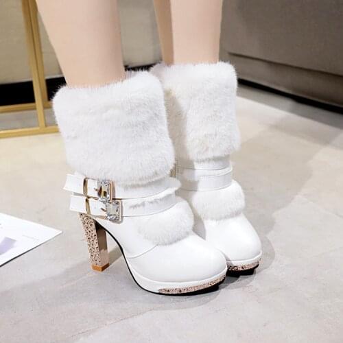 2020 Winter Shoes Women High Heels Boots Fashion Ladies Party Shoes Warm Fur Shoes Woman Super High Heel 10cm Black White A2813