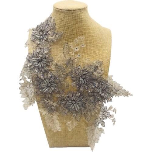 Clothing Accessories Beading 3D Flower Embroidered Patches Lace Applique for Wedding Dress DIY Decoration