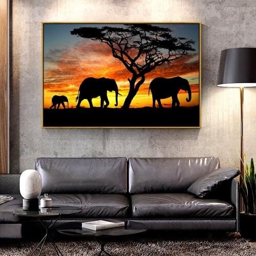 Artcozy Elephant Under Tree Oil Canvas Painting for Home Decoration Wall Art Canvas Printings Spray Painting Animal Single