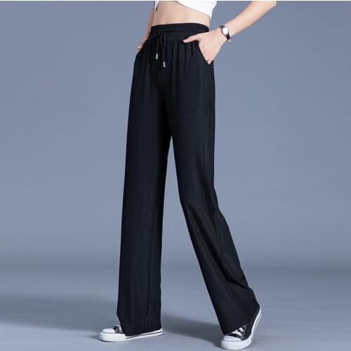 Summer Ice Silk Wide-leg Women Pants Elastic High Waist Full-lenth Loose Khaki Black Casual Long Pants Women Cool Trousers2021