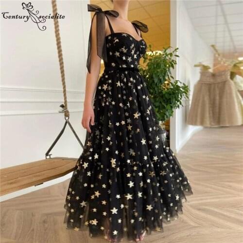 Black Prom Dresses Gold Star Sweetheart Zipper Ankle-Length Formal Evening Dress Party Gowns Plus Size Vestido De Festa