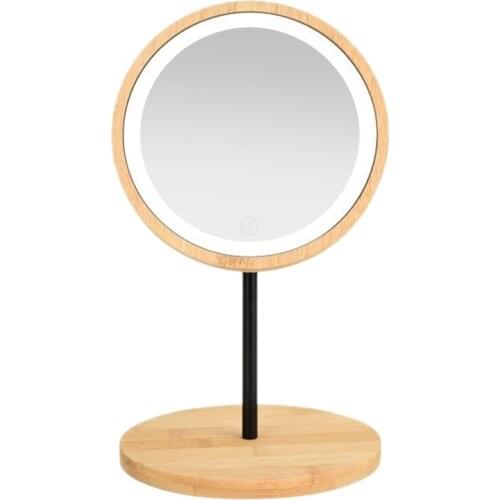 Wooden Desktop LED Makeup Mirror USB Charging Adjustable Bright Diffused Light Press Screen Beauty Mirrors