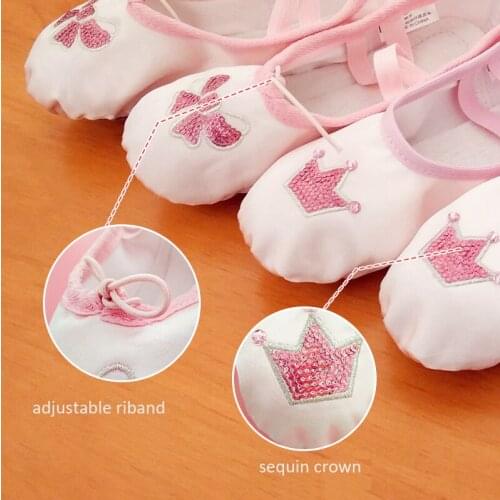 Childrens Sequins Embroidery Ballet Shoes Satin Full/Split Sole Ballet Dance Shoes For Girls Pink Bow/Crown Ballerina Slippers