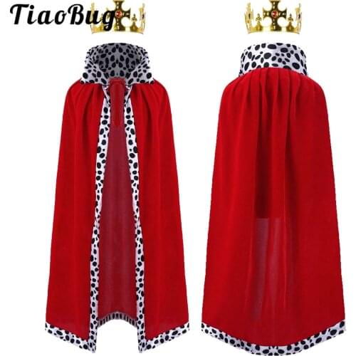 2Pcs Children Prince Costume Red Velvet Cloak Cape with Crown Set Kids Halloween Cosplay Theme Party Outfit Set