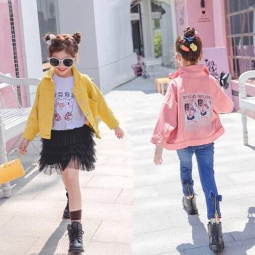Girls Denim Coats New Spring Kids Jackets Clothes Cartoon Coat Solid color Printing Children Clothing for 3 4 6 8 10 12Years