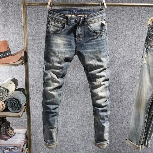 Italian Style Fashion Men Jeans Retro Blue Elastic Slim Ripped Jeans Men Distressed Scratch Vintage Designer Casual Denim Pants