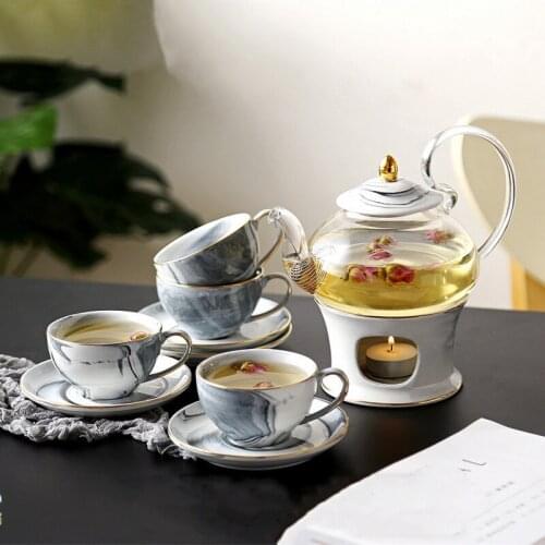 European Simple Marble Ceramic Glass Flower Tea Set English Afternoon Coffee Summer Health Pot American Fruit Teapot Set
